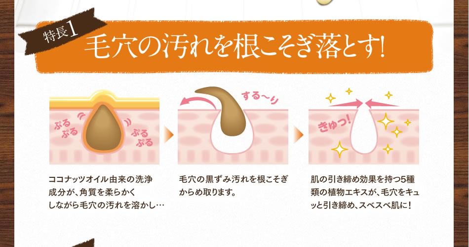 特長1 毛穴の汚れを根こそぎ落とす！